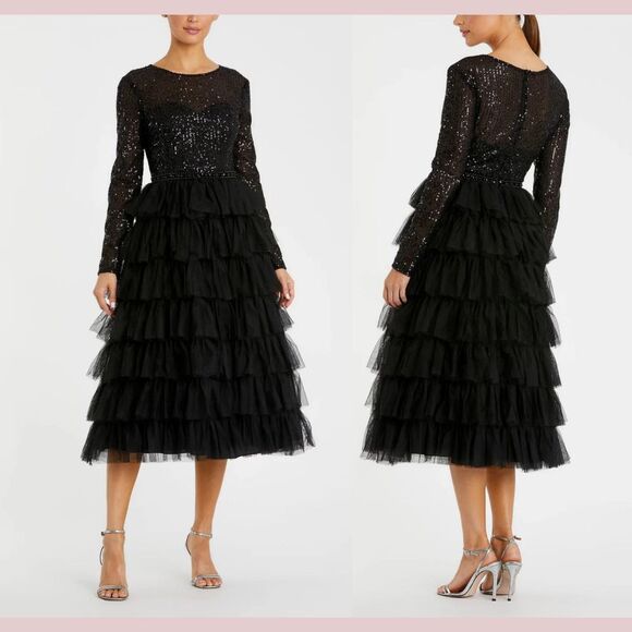 NWT‎ IEENA Mac Duggal [ 8 ] 26299 Long Sleeve Ruffle Tiered Midi Dress BLACK - Picture 9 of 10